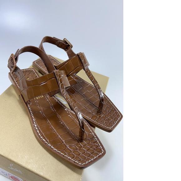 Cubongo flat embossed brown T strap thong square sandals flats E187